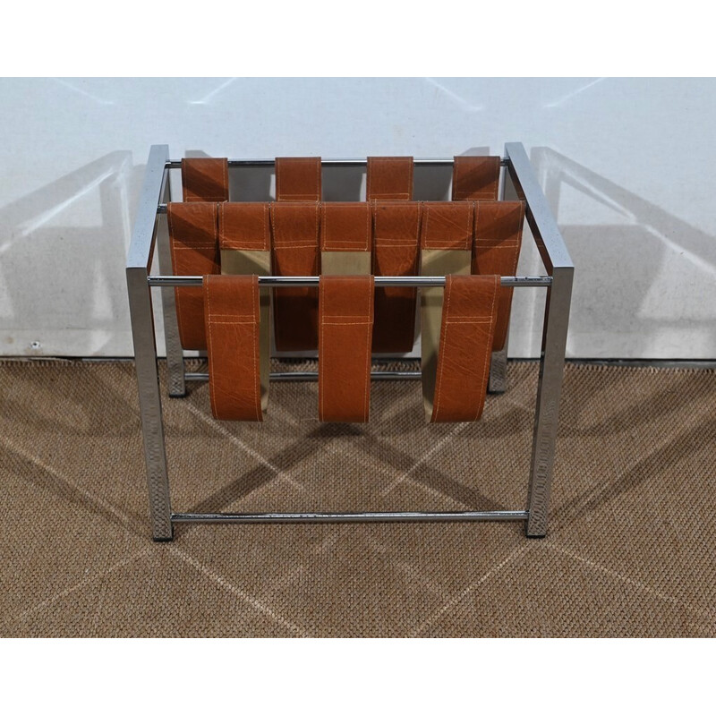 Vintage rectangular chromed metal and leather magazine rack by Novatrend