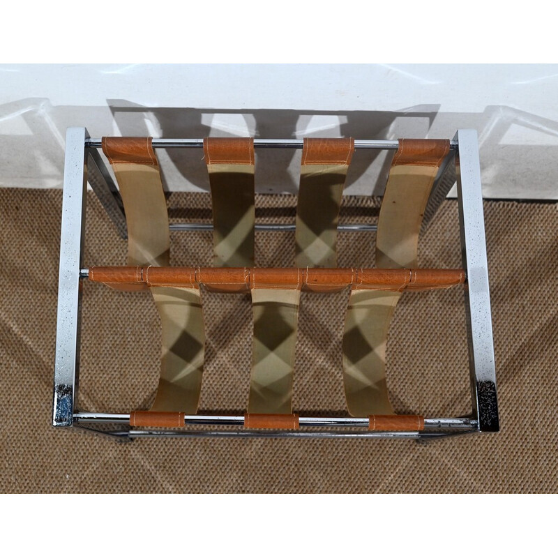 Vintage rectangular chromed metal and leather magazine rack by Novatrend