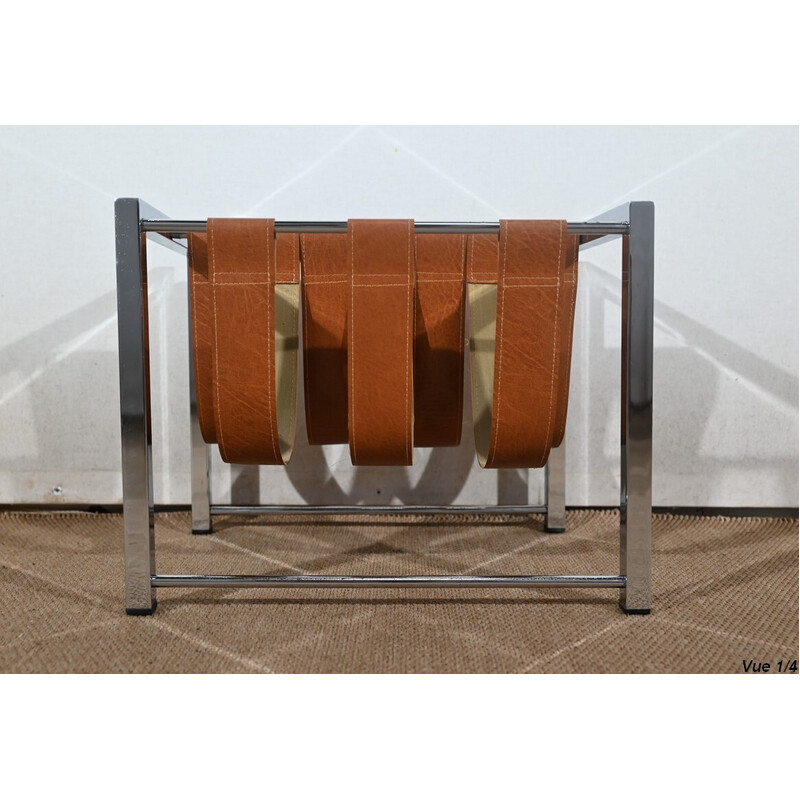 Vintage rectangular chromed metal and leather magazine rack by Novatrend