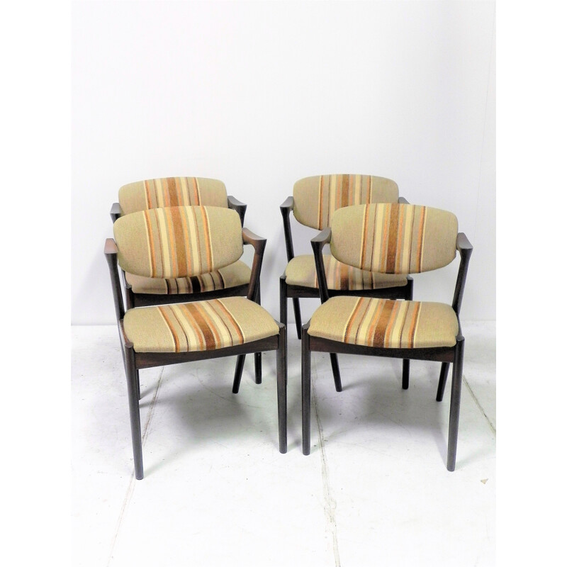 Set of 4 chairs in dark oakwood and fabric by Kai Kristiansen for Schou Andersen - 1950s