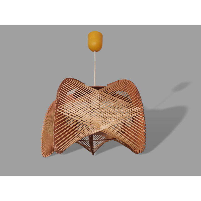 Portuguese mid century wood and straw pendant lamp, 1960s