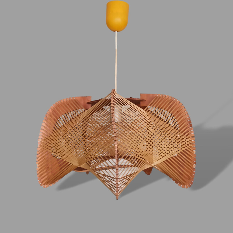 Portuguese mid century wood and straw pendant lamp, 1960s