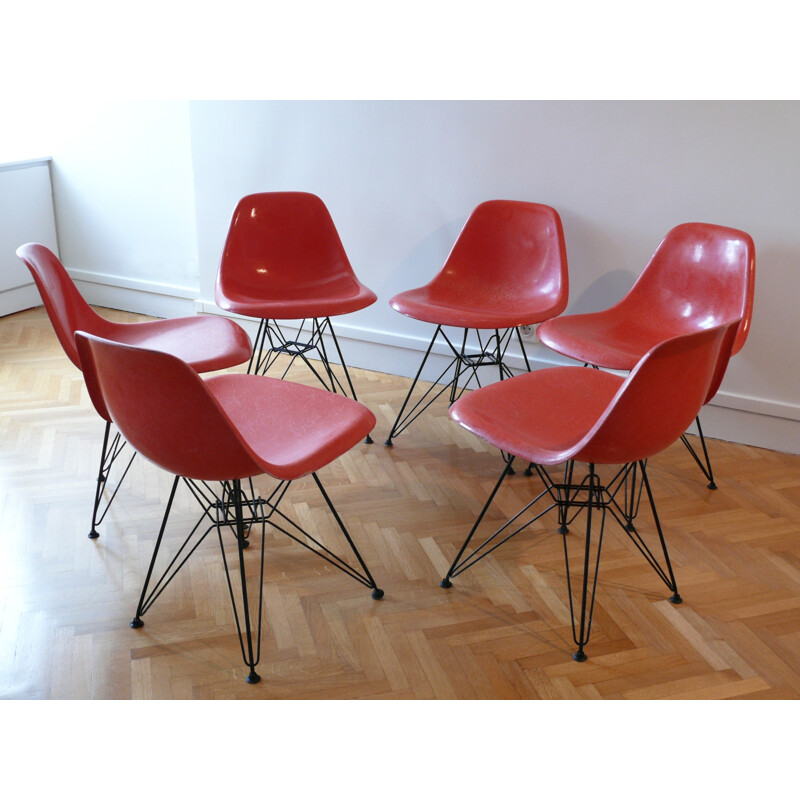 Set of six red chairs model "Side Chairs" in glassfiber and steel by Eames - 1960s