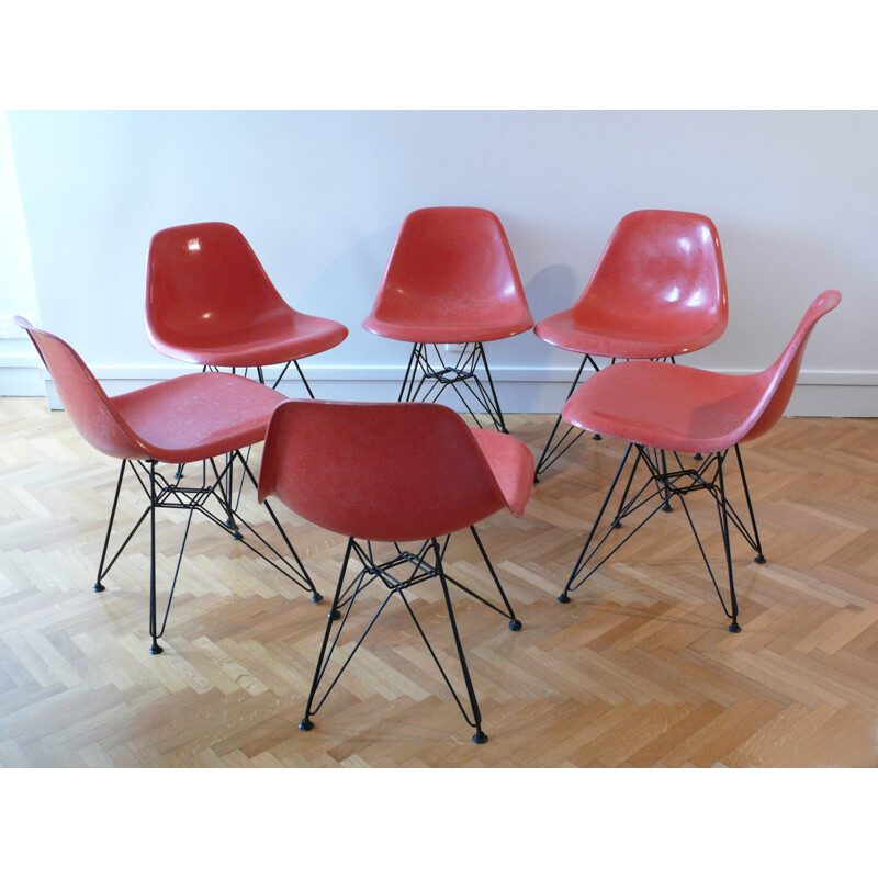 Set of six red chairs model "Side Chairs" in glassfiber and steel by Eames - 1960s