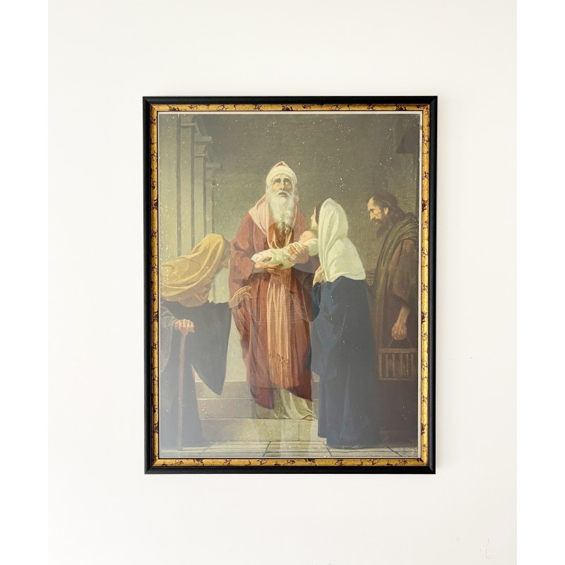 Vintage christelijke Duitse prent "Simeon de presentatie van Jezus", jaren 1930