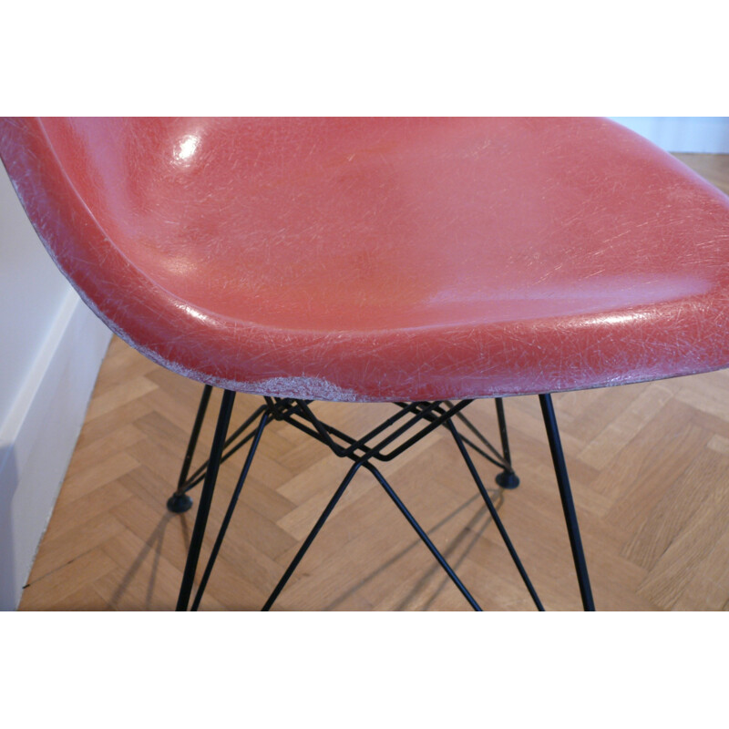 Set of six red chairs model "Side Chairs" in glassfiber and steel by Eames - 1960s