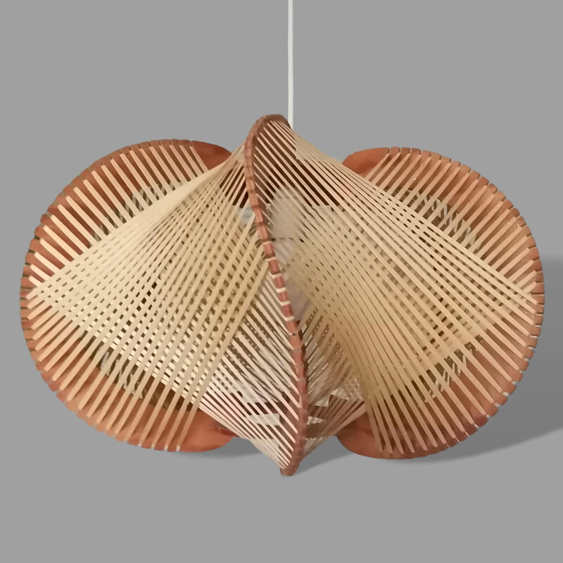 Portuguese mid century wood and straw pendant lamp, 1960s