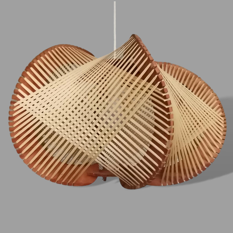 Portuguese mid century wood and straw pendant lamp, 1960s