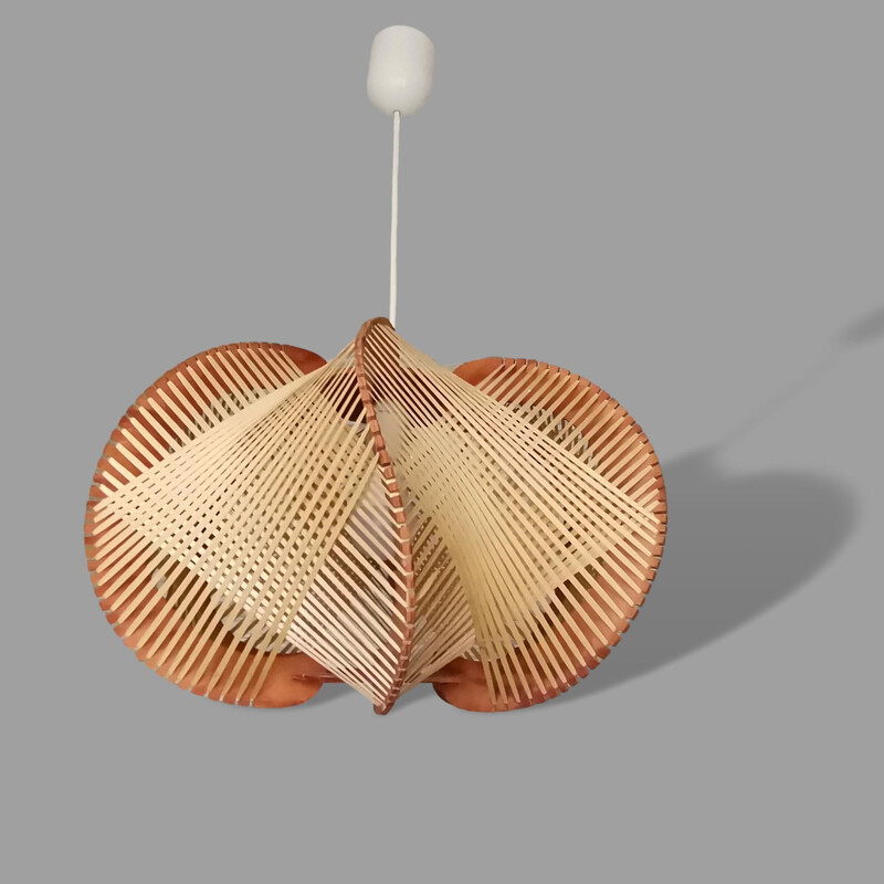 Portuguese mid century wood and straw pendant lamp, 1960s