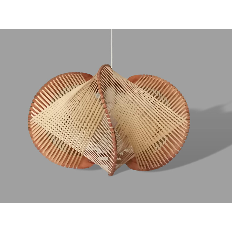 Portuguese mid century wood and straw pendant lamp, 1960s