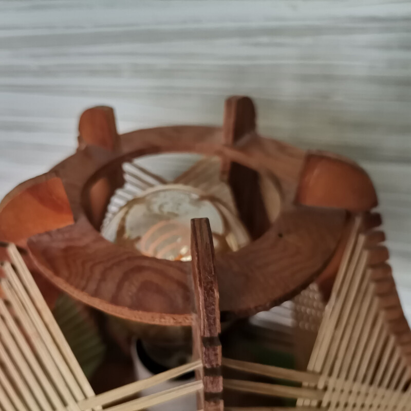 Portuguese mid century boho wood and straw table lamp, 1960s