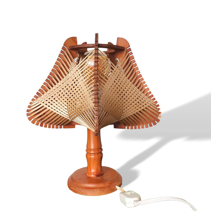 Portuguese mid century boho wood and straw table lamp, 1960s