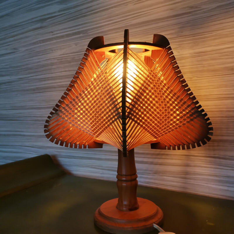 Portuguese mid century boho wood and straw table lamp, 1960s