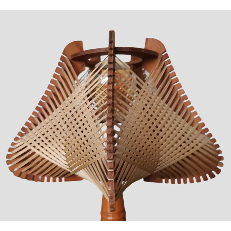 Portuguese mid century boho wood and straw table lamp, 1960s