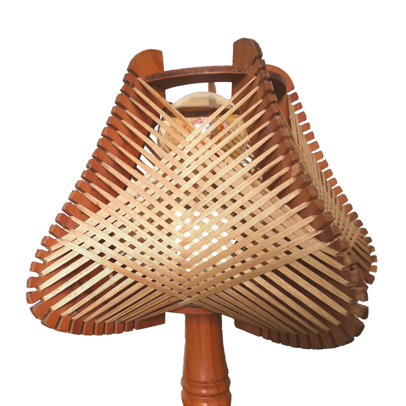 Portuguese mid century boho wood and straw table lamp, 1960s