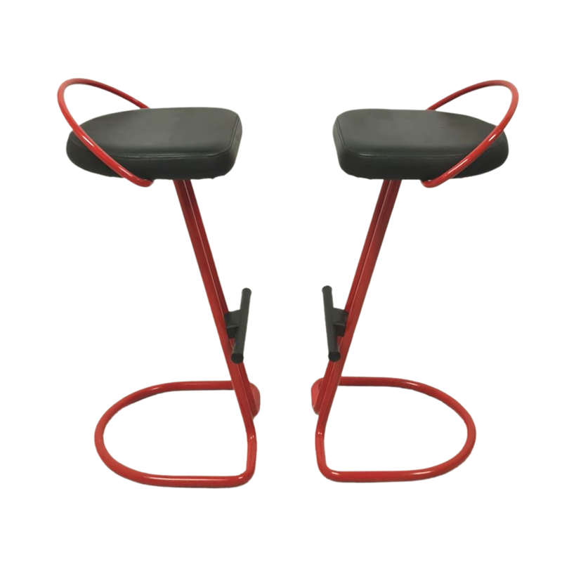 Pair of vintage red lacquered metal and vinyl bar stools, 1980s