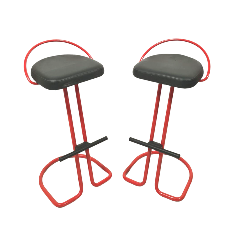 Pair of vintage red lacquered metal and vinyl bar stools, 1980s