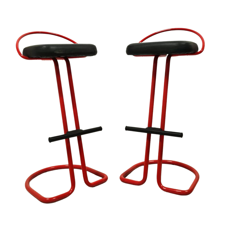 Pair of vintage red lacquered metal and vinyl bar stools, 1980s