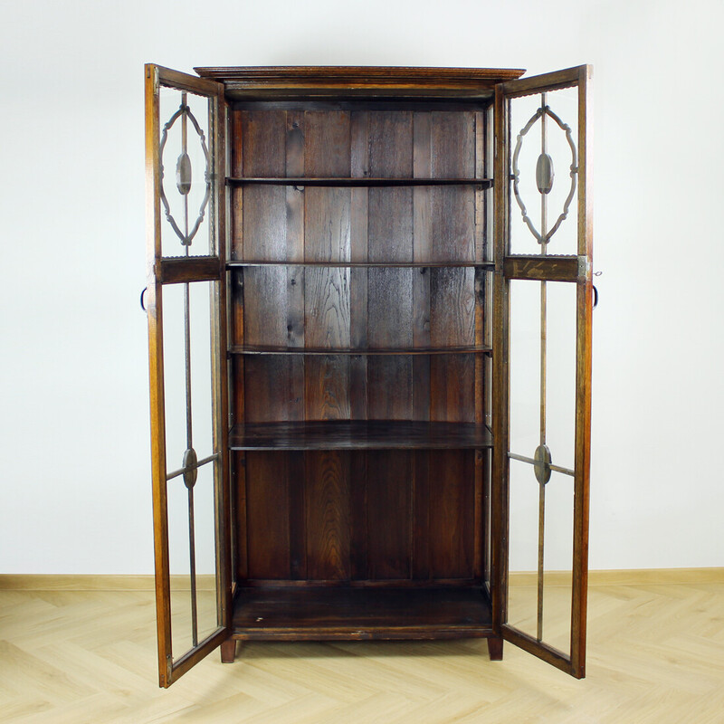 Art Deco vintage display cabinet in oakwood and glass, Czechoslovakia 1910s