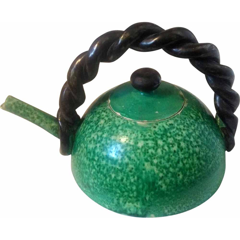 Vintage Cerenne green glazed terra cotta teapot, 1940-1950