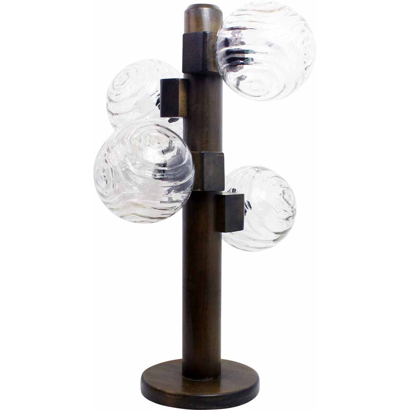Lámpara de pie vintage de madera maciza con 4 bolas de cristal, 1960