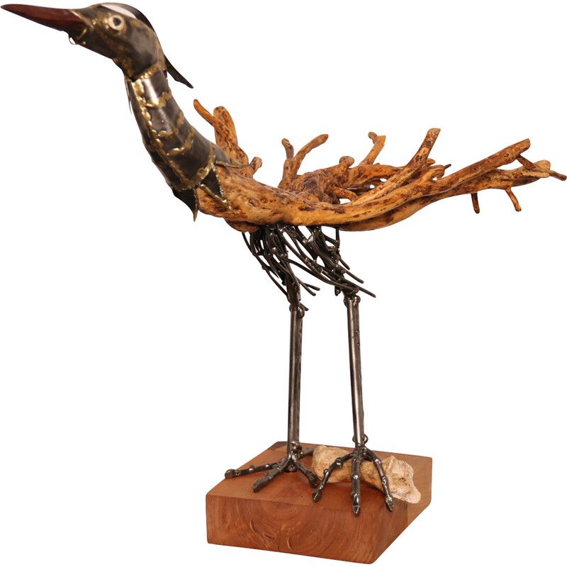 Vintage hand-crafted sculpture "drôle d'oiseau" in wood and metal by Louis de Verdal, France 2022