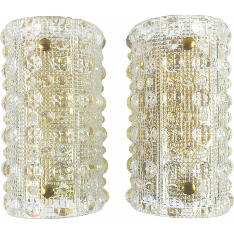 Pair of Scandinavian vintage glass and brass wall lamps "Venus" by Carl Fagerlund for Orrefors and Lyfa, 1960s