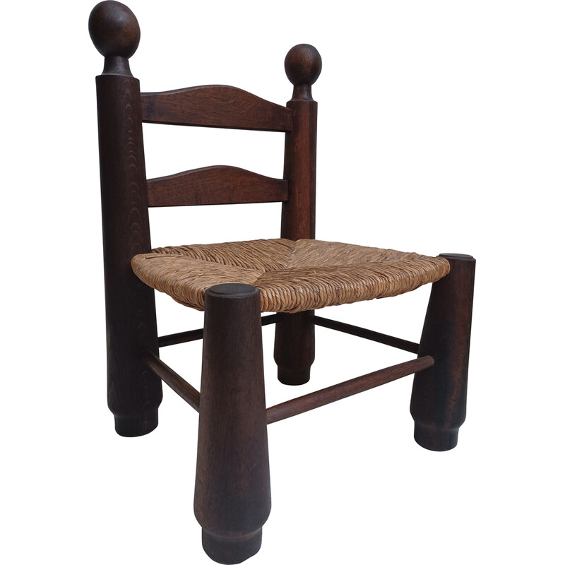 Cadeira Vintage Brutalist em carvalho maciço e tecido à pressa