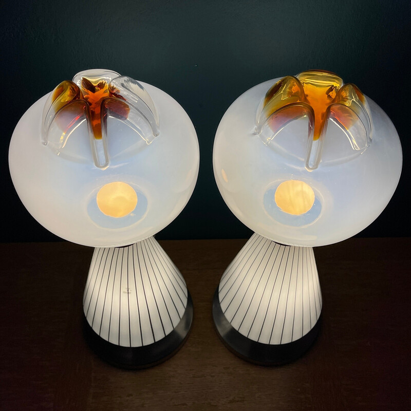 Coppia di lampade da tavolo vintage in vetro di Murano bianco Vetri Murano 004, Italia anni '70