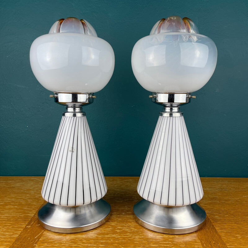 Pair of vintage white Murano glass table lamps Vetri Murano 004, Italy 1970s
