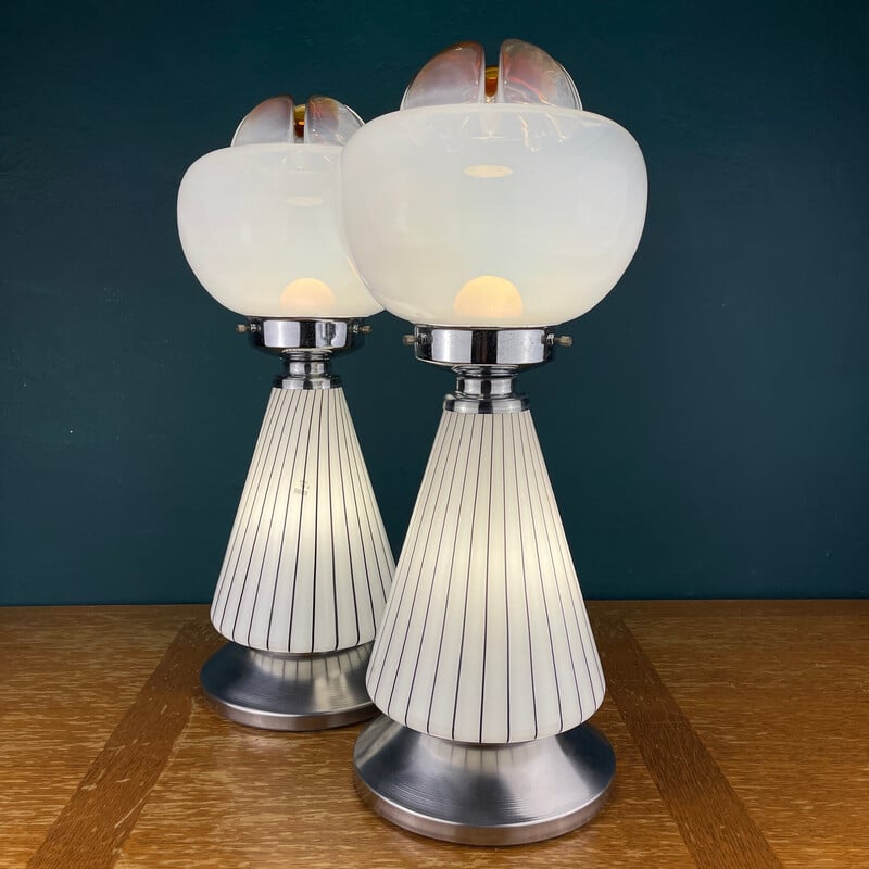 Paire de lampes de table vintage Murano 004 en verre de Murano blanc Vetri, Italie 1970