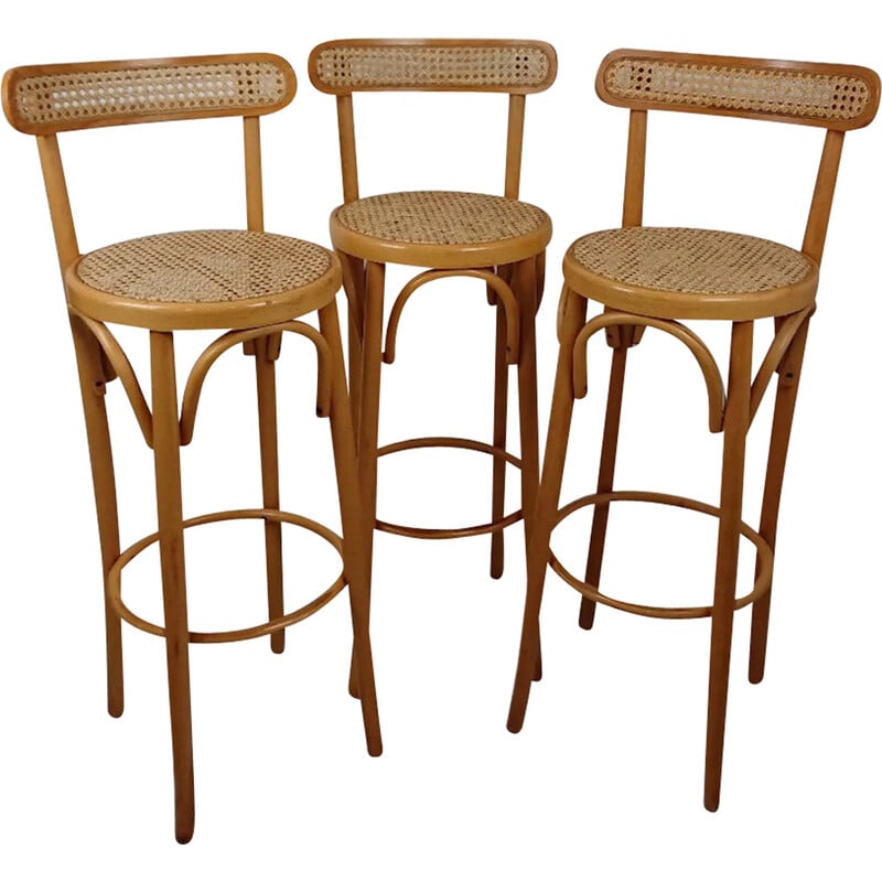 Lot de 3 tabourets vintage en bois courbé et cannage, 1970-1980