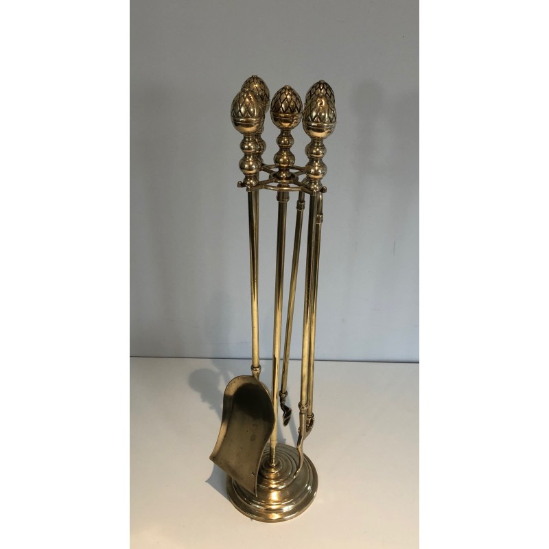 Vintage pine cone brass fire set, 1970