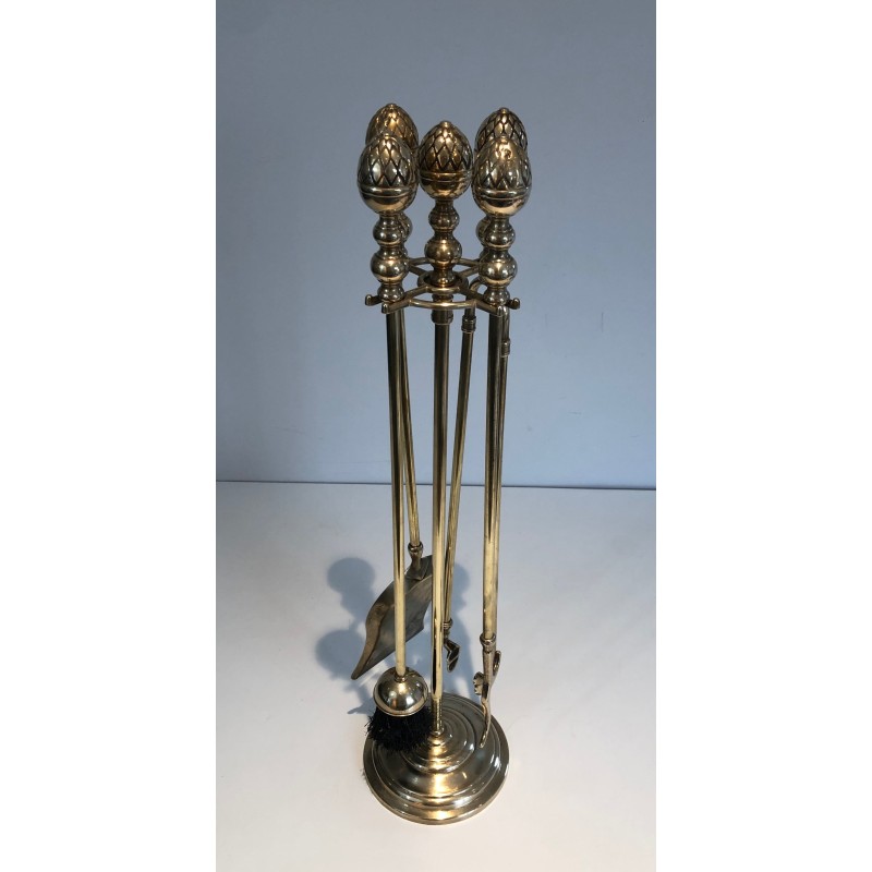 Vintage pine cone brass fire set, 1970