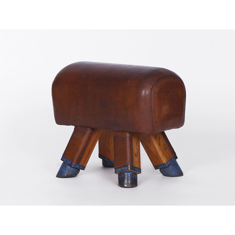 Vintage Czech leather gym stool pommel horse, 1930s