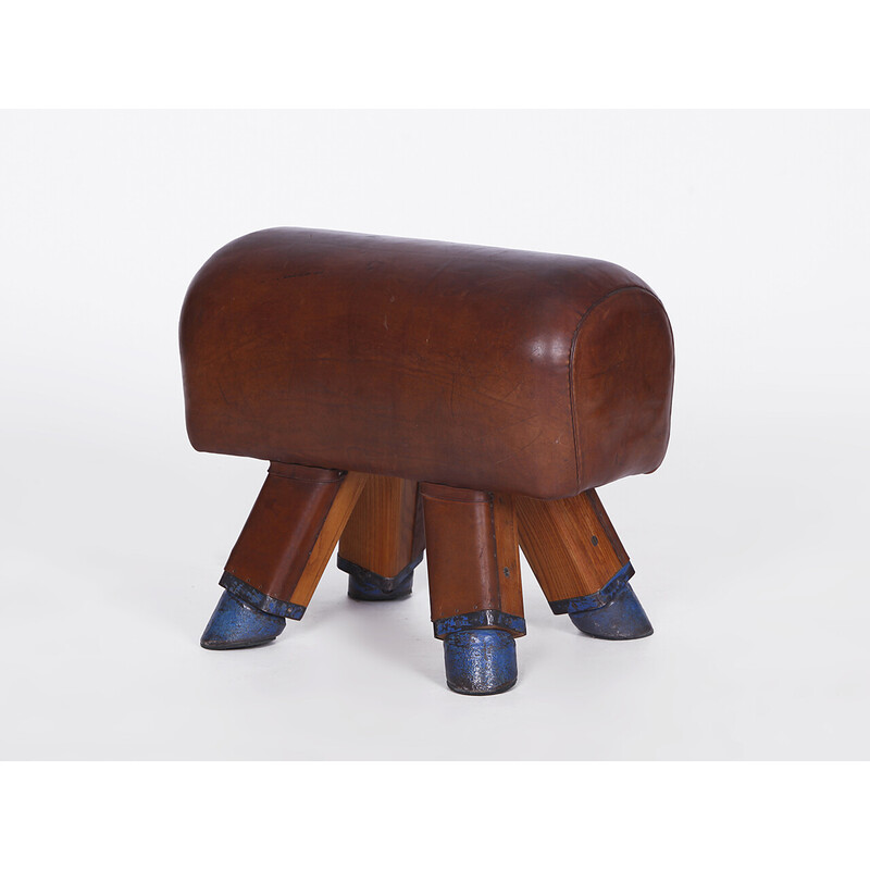 Vintage Czech leather gym stool pommel horse, 1930s