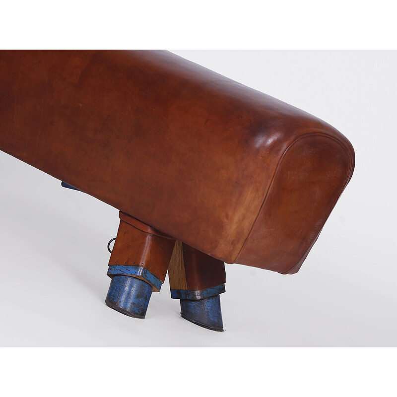 Vintage gymnastic leather pommel horse bench, Czechoslovakia 1930s