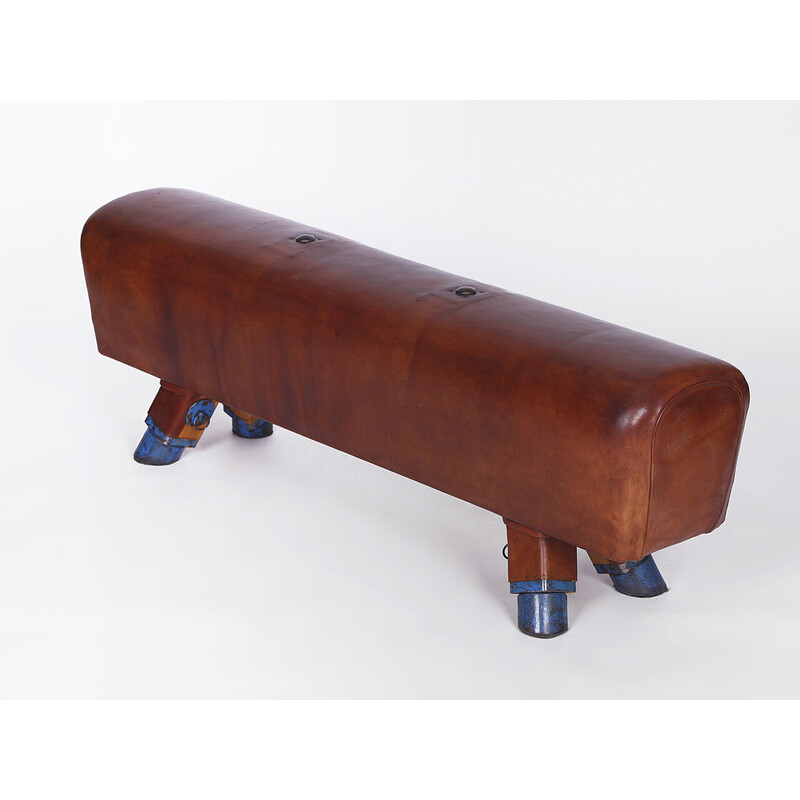 Vintage gymnastic leather pommel horse bench, Czechoslovakia 1930s