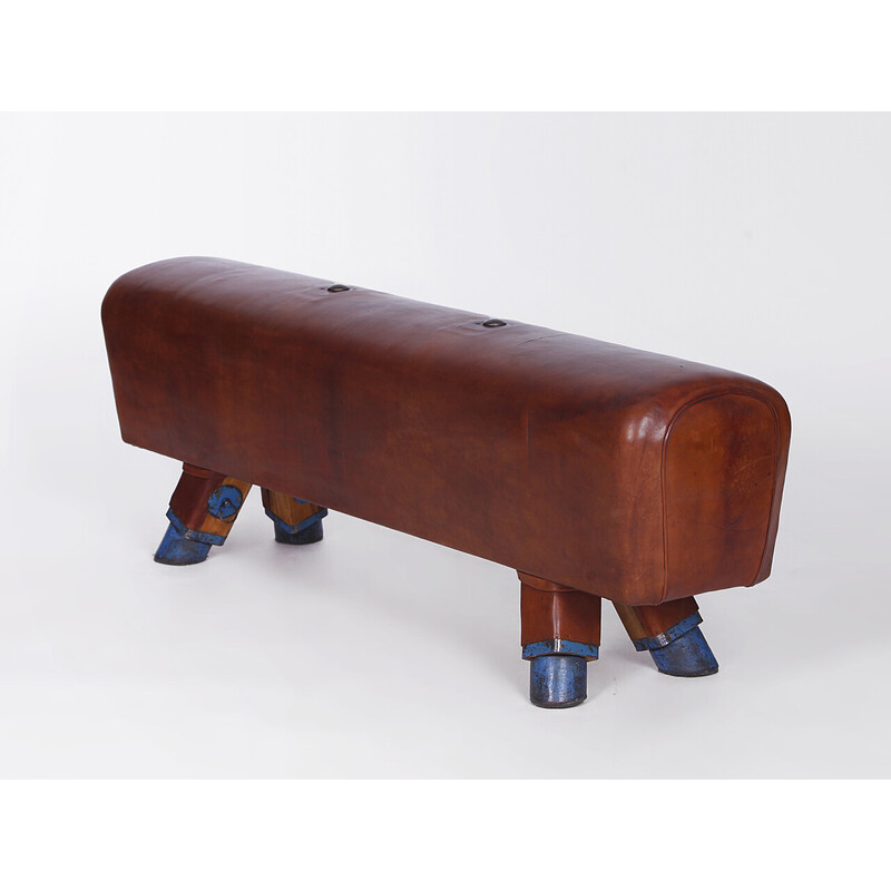 Vintage gymnastic leather pommel horse bench, Czechoslovakia 1930s