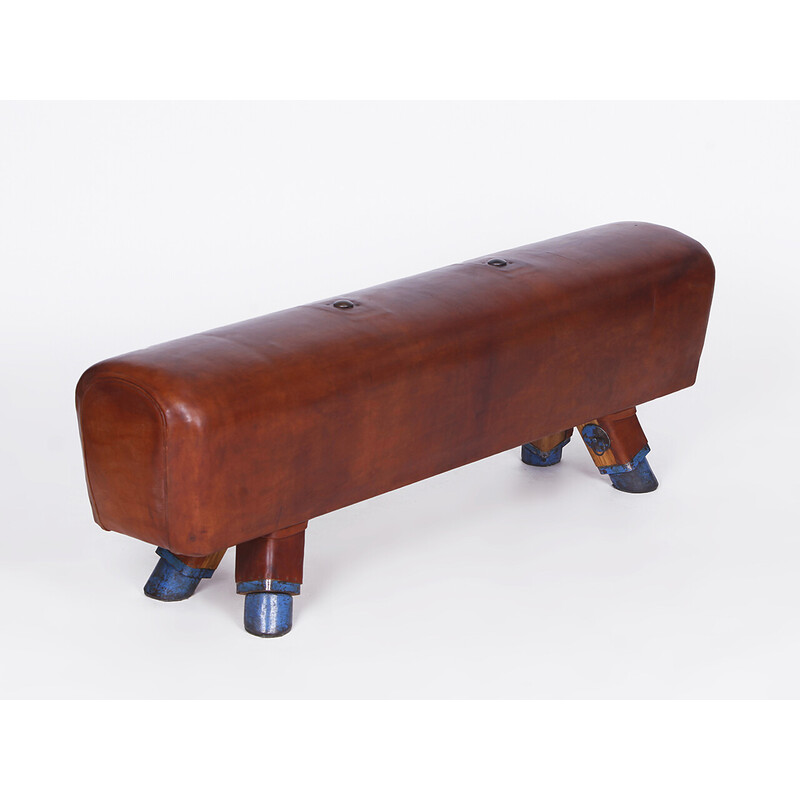 Vintage gymnastic leather pommel horse bench, Czechoslovakia 1930s