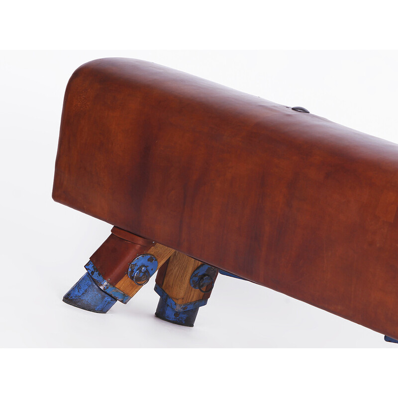 Vintage gymnastic leather pommel horse bench, Czechoslovakia 1930s