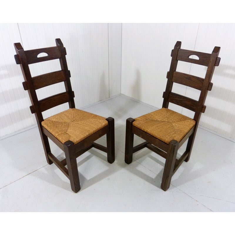 Set of 6 vintage oakwood and cane chairs, 1970s