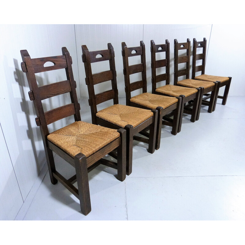 Conjunto de 6 cadeiras de carvalho e bengala vintage, década de 1970