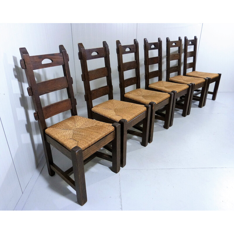 Set of 6 vintage oakwood and cane chairs, 1970s