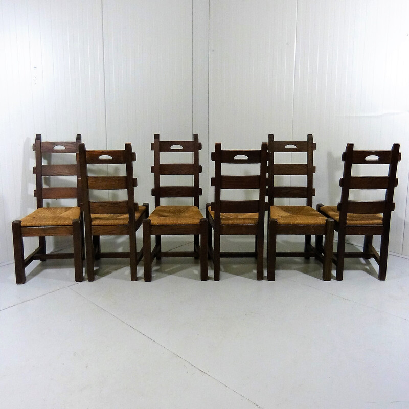 Set di 6 sedie vintage in rovere e canna, anni '70
