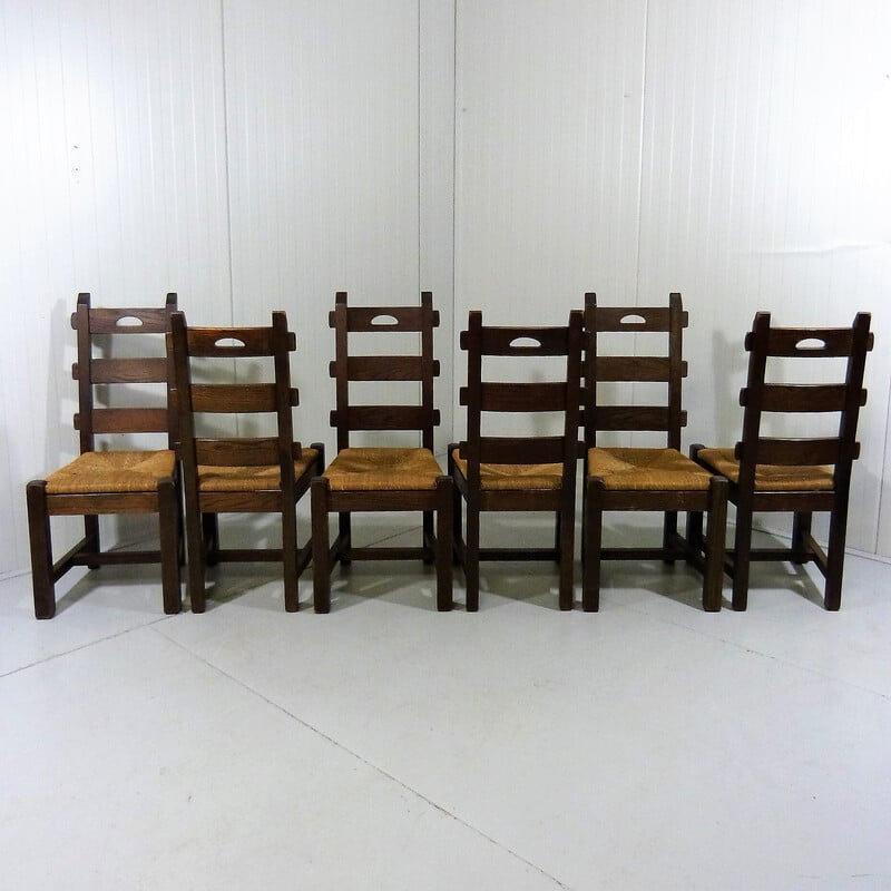 Set of 6 vintage oakwood and cane chairs, 1970s