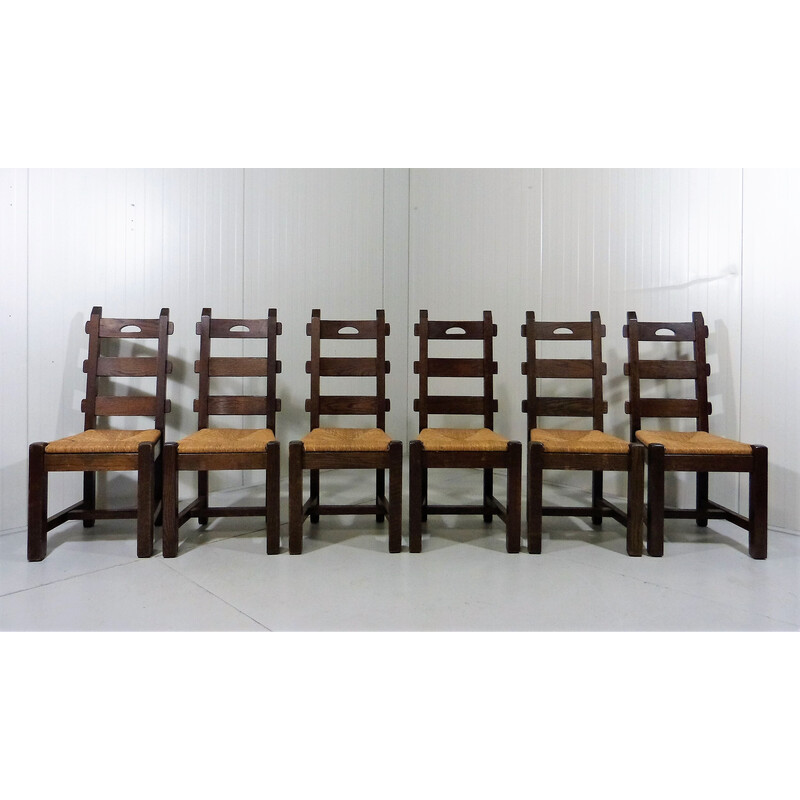 Ensemble de 6 chaises vintage en chêne et canne, 1970