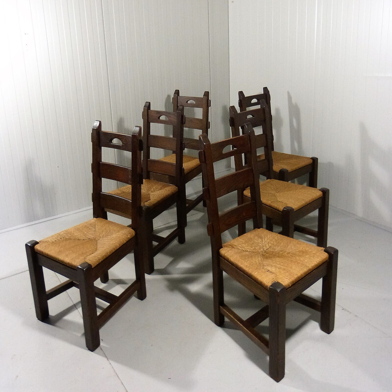 Set di 6 sedie vintage in rovere e canna, anni '70