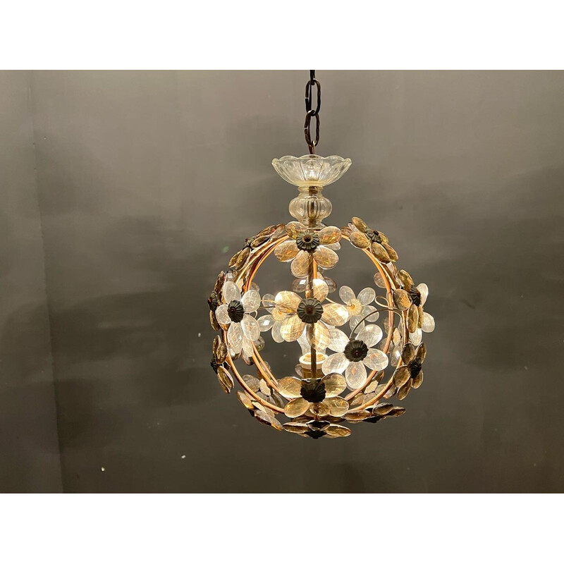 Vintage Murano glas en metalen bloem hanglamp, 1960