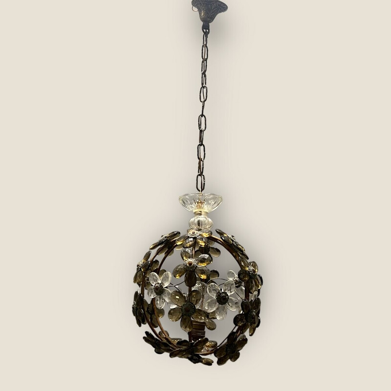 Lámpara colgante vintage de cristal de Murano y flores de metal, años 60